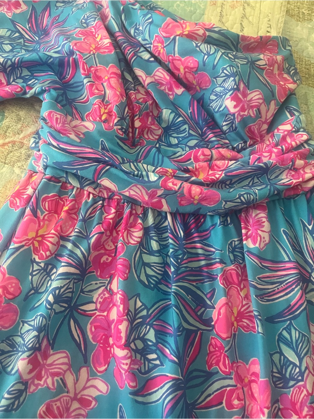 One-Shoulder Tropical Floral Dress in Bright Blue & Pink Lily Pulitzer excellent - Picture 3 of 3